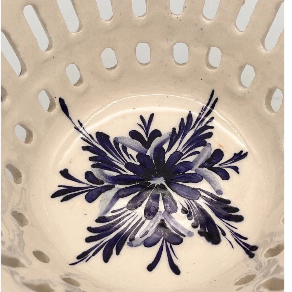 Hand Painted Portugal Pierced Berry Bowl Blue  White Floral Reticulated Strainer